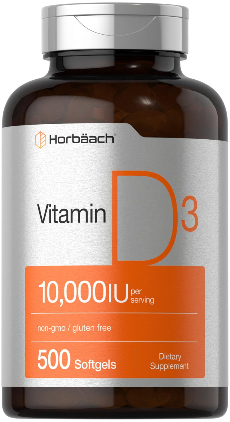 Horbäach Vitamin D3 10000 IU | 500 Softgels | 250mcg | Non-GMO, Gluten Free Supplement | Value Size | High Potency Formula