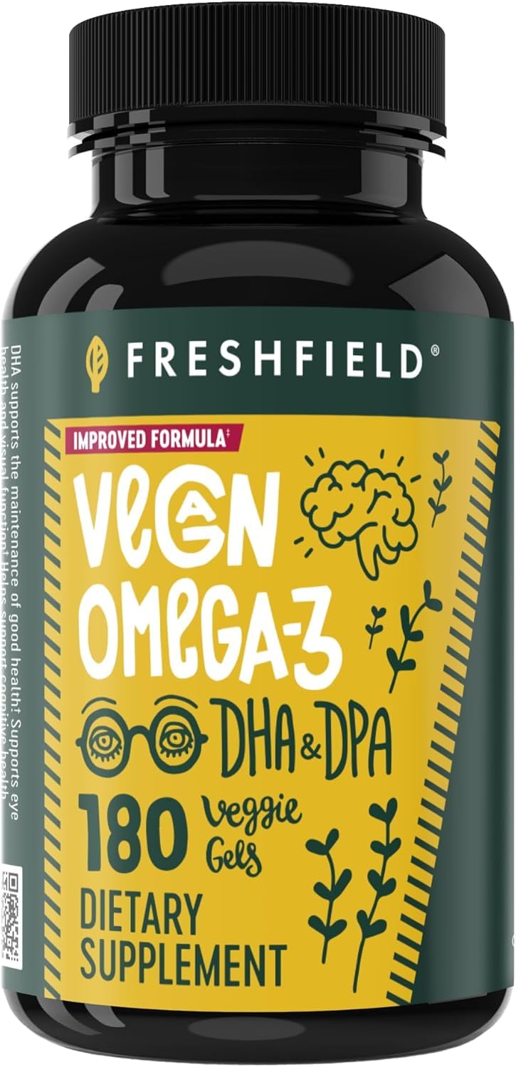 Freshfield Vegan Omega 3, Algae (Algal) Oil, Fish Oil Free Company, Third Party Tested, Carrageenan Free, DHA Supplement w/DPA, Plant Based Omega. Supports Heart, Brain, Joint Health. Lemon Scent Daily DHA 180 Count (Pack of 1)