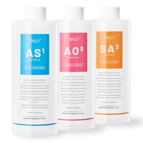 BRÜUN Aqua Facial Serums for Face Cleansing – A Pack of 400ml 3 Aqua Peeling Solution AS1, SA2, and AO3 –Skin Care Solution for Vacuum face Cleaning Jet for Home and Spa