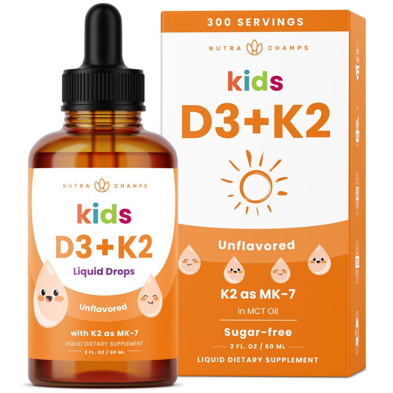 NutraChamps Kids Vitamin D 3 K2 Drops, Vitamin D3 & K2 MK-7, Liquid Vitamin D for Kids 1000 IU, Healthy Bones, Heart & Immune System, Sugar Free Supplement for Toddlers, 300 Servings 2 Fl Oz (Pack of 1) Kids Drops