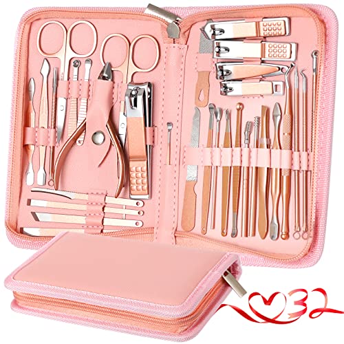 Manicure Set Pedicure Kit Womens Nail Clippers Set 32 in 1 Professional Grooming Care Tools Nail Kit Including Facial, Fingernails and Toenails Care with Travel Case Women (Rose Pink_32 in 1) Rose Pink_32 in 1
