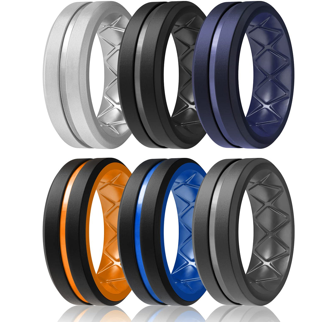 Egnaro Silicone Ring Men 1/4/6 Multipack Breathable Mens Silicone Rubber Bands Wedding Rings for Men Engagement Bands - 8mm Width 2mm Thickness A-Black, Dark Blue, Orange, Light Blue, Grey, Silver 6.5-7(17.35mm) - BeesActive Australia