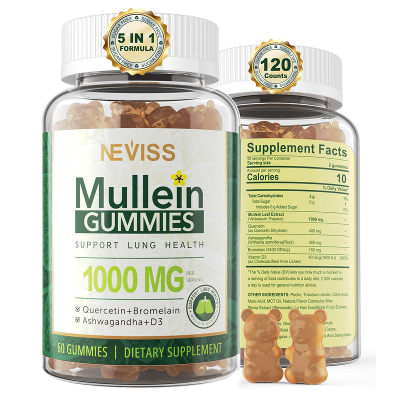 NEVISS Mullein Gummies for Lungs, Organic Mullein Leaf Extract 1000mg for Respiratory System with Quercetin & Bromelain, D3 for Digestive Support, Immune Booster, Sugar Free, Vegan, 120 Count 60 Count (Pack of 2)