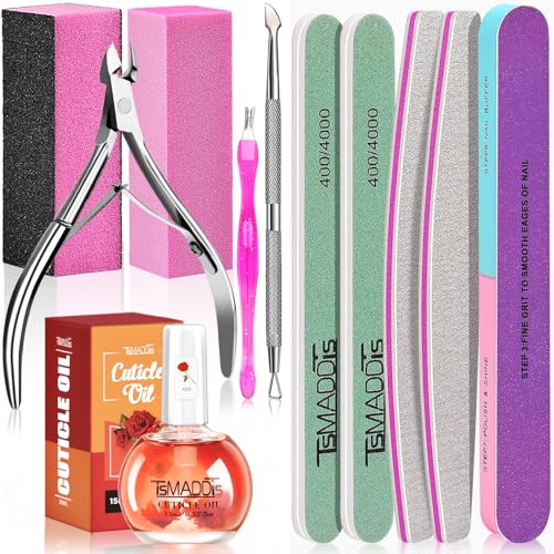 TsMADDTs Manicure Tools Kit Nail Care Kit with 3 pcs Files, 2 pcs Buffer Blocks, 2 Polishing Buffers, Cuticle Nipper, Pusher and Cuticle Oil Rose