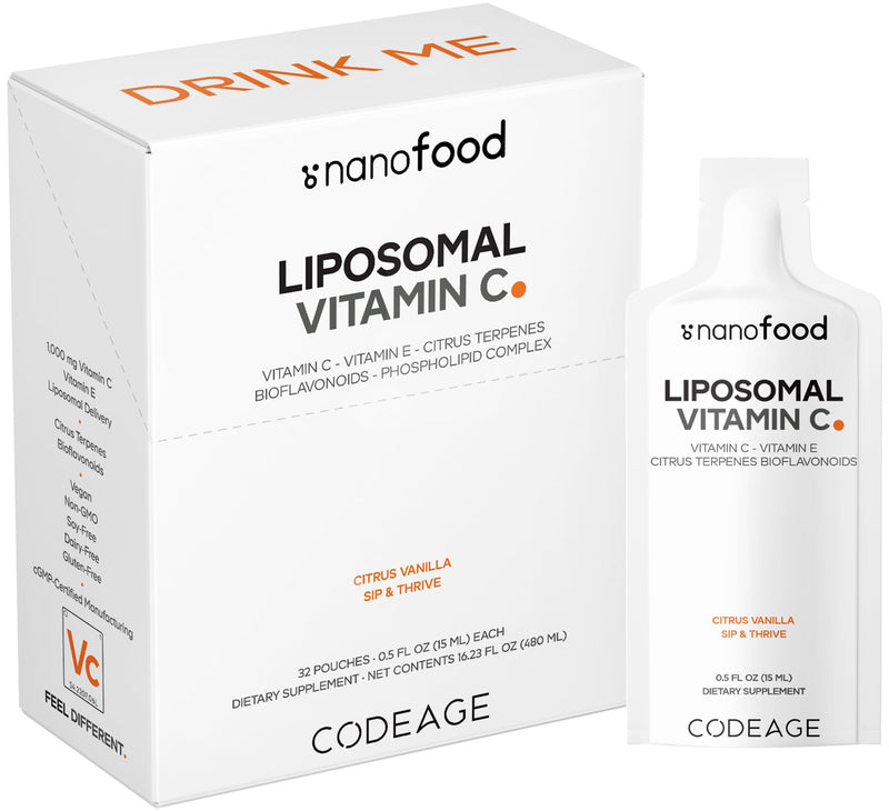 Codeage Liposomal Vitamin C Liquid 1000mg Vitamin C, 4000mg Essential Phospholipids, Supplement For Daily Immune Support, Liposomes For Absorption, Citrus Bioflavonoids, Vitamin E, Non-GMO, 32 Pouches