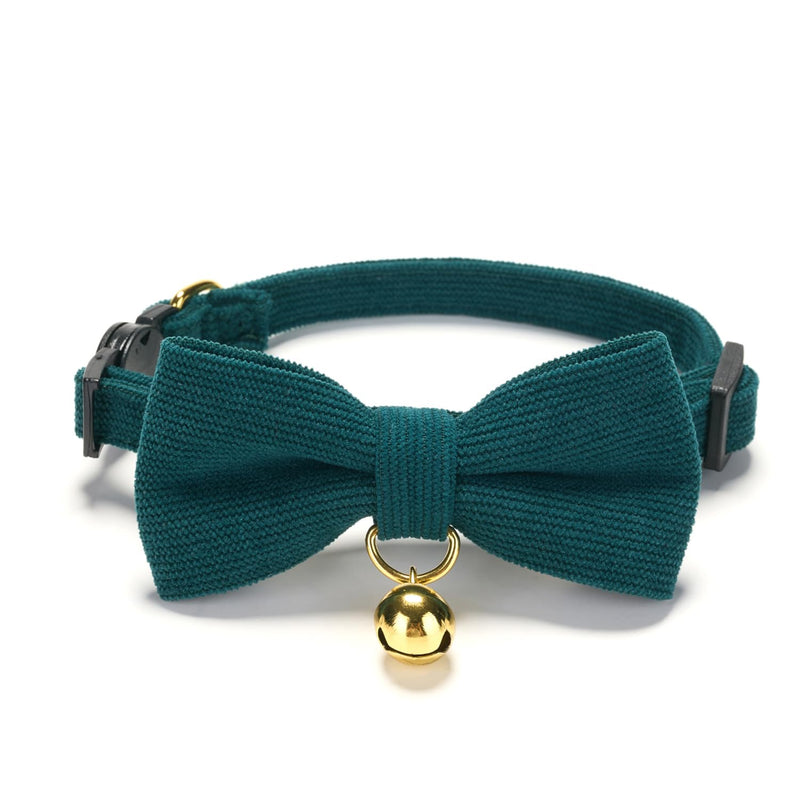 Cotton Breakaway Cat Collar with Bow Tie and Bell, Adjustable Cute Soft Corduroy Kitten Collars for Girl and Boy Cats,Dark Green Neck 7.5" - 11.0" Dark Green - BeesActive Australia