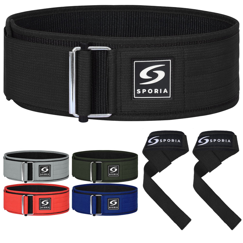 SPORIA Self-Locking Weight Lifting Belt | 4 inch Back Support | Includes Lifting Straps Medium Black - BeesActive Australia