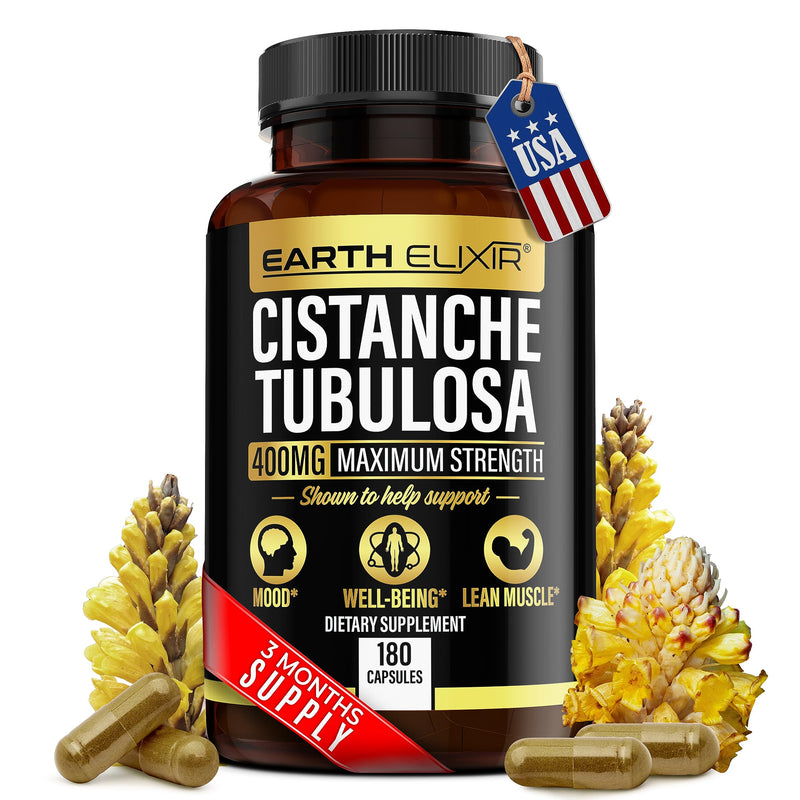 Earth Elixir Cistanche Tubulosa 400 mg (180 Capsules) 3 Months Supply – Made in USA- Max Purity - Cistanche Supplement - Zero Fillers – Gluten Free - Vegan - Nootropics - 100% Pure Cistanche Herb - BeesActive Australia