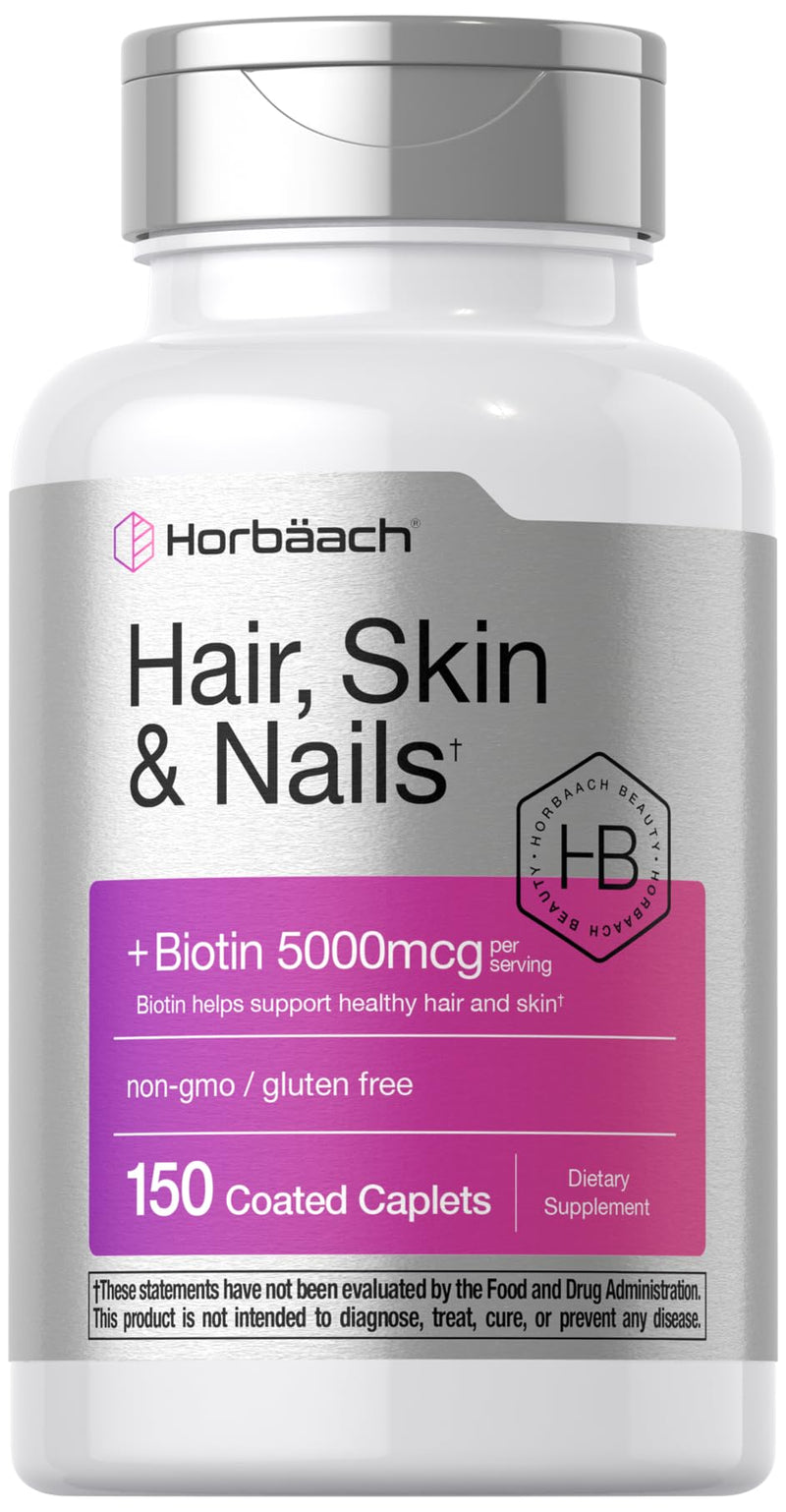 Horbäach Hair Skin & Nails Vitamin Supplement | 150 Coated Caplets | Formula with Biotin and Collagen | Non-GMO & Gluten Free