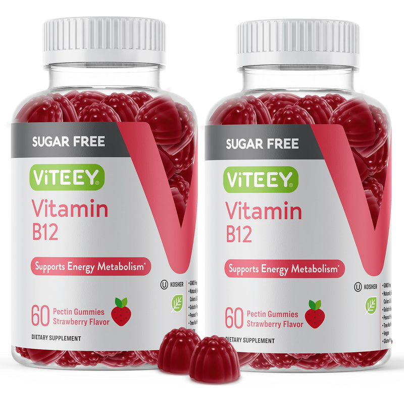 Viteey Vitamin B12 Gummies for Adults & Teens 1000mcg, Sugar Free | Good for Energy, Metabolism, Natural Energy Support -Vegan, Gelatin Free, Gluten Free, GMO Free -Chewable Strawberry Flavored 60 Count (Pack of 2)