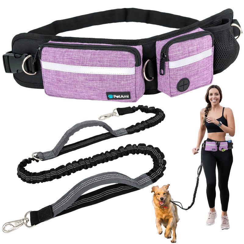 PetAmi Hands Free Dog Leash, Running Leash Belt Bag for Walking, Jogging, Waist Double Zipper Pouch with Poop Dispenser, Dual Padded Handles Reflective Bungee Single, Purple, 1 Leash - BeesActive Australia
