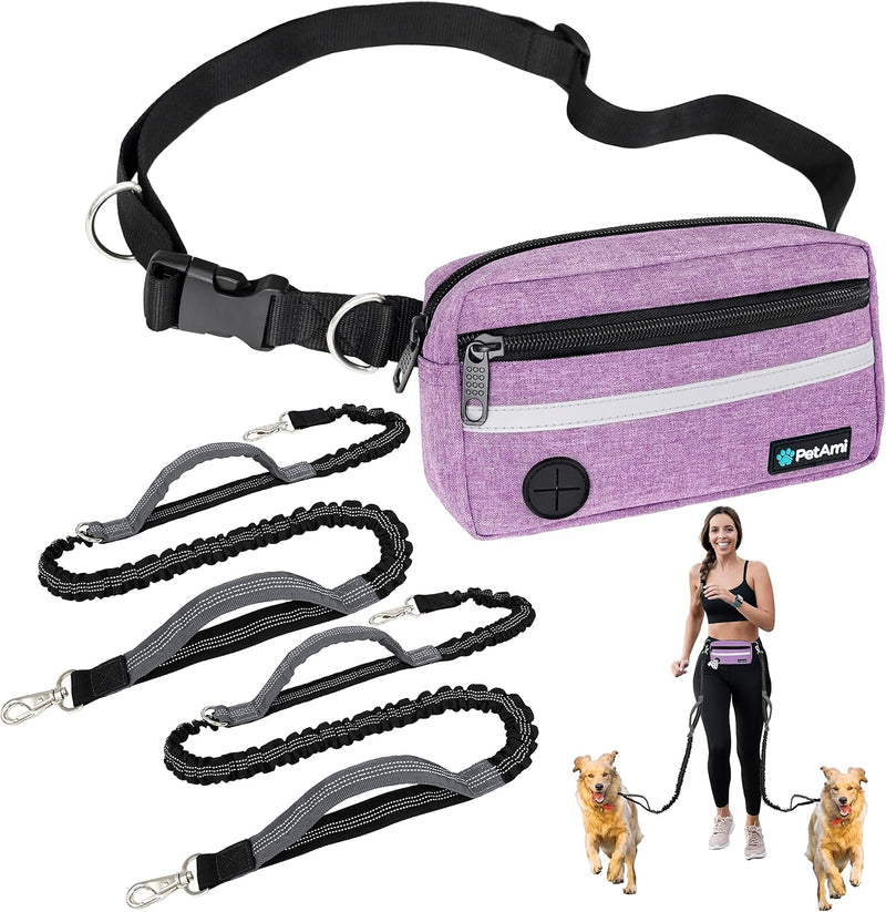 PetAmi Hands Free Dog Leash, Dog Running Leash Belt for Walking Jogging, Dog Waist Zipper Pouch Fanny Pack with Poop Bag Dispenser, Dual Padded Handle Bungee Leash for Small Medium Large Dogs, Double 2 Leashes Purple - BeesActive Australia