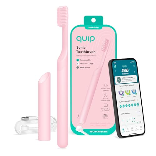 Quip Rechargeable Smart Sonic Toothbrush for Adults - Timed Electric Toothbrush with Bluetooth & Rewards App - Replaceable Brush Head, Soft Bristles, Metal Handle - Travel Toothbrush - All-Pink Pink