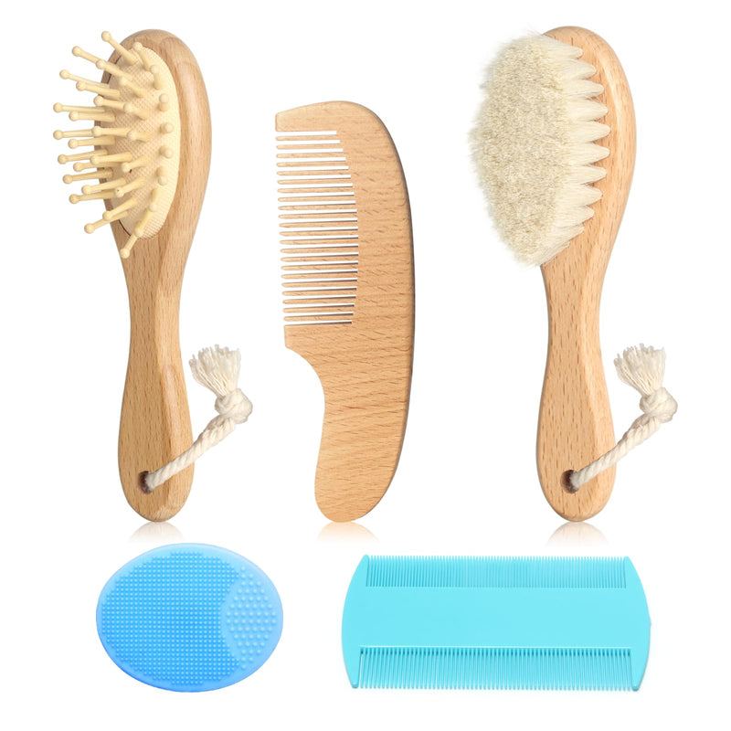 Wooden Natural Goat Bristle Brush and Cradle Cap Comb Set - 5 in 1 Baby Grooming Kit for Newborns, Toddlers, Boys, and Girls (Blue) 5 Brush and Comb Set Wood+Blue+Blue - BeesActive Australia