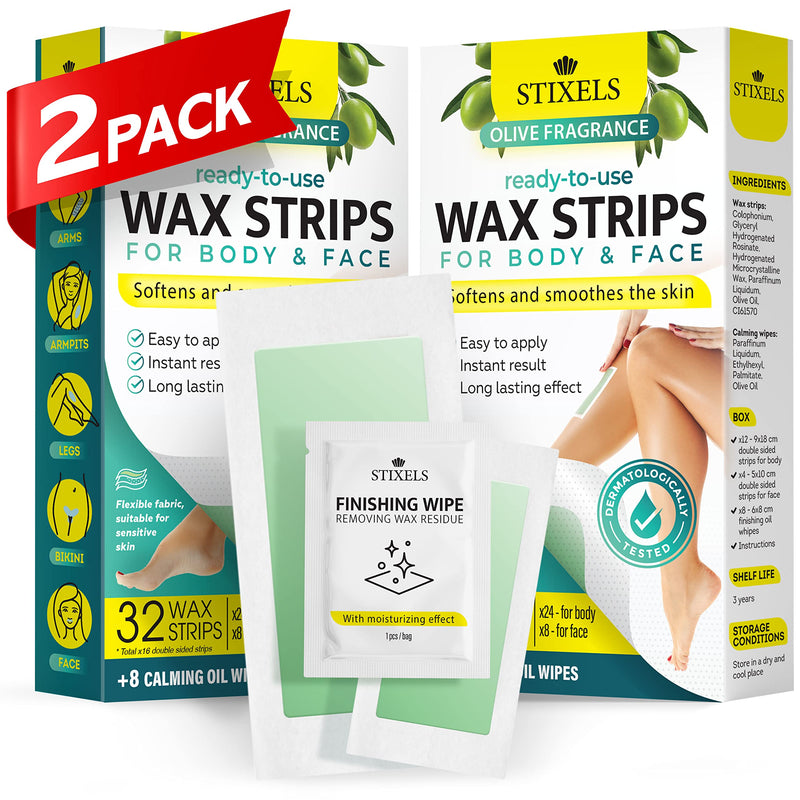 Wax Strips for Hair Removal – 64 Count Waxing Kit for Women & Men with 48 Body Wax Strips, 16 Face Waxing Strips, 16 Oil Wipes – Hair Remover Wax Kit for Face, Legs, Arms, Armpits, Bikini – 2 Pack - BeesActive Australia