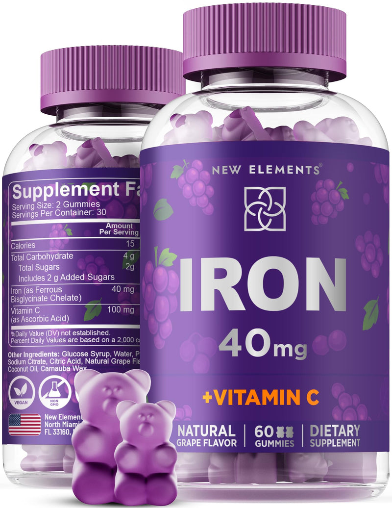 New Elements Iron Gummies 40mg with Vitamin C 100mg – Best Iron Supplement for Women, Men & Adults – Free Blood Builder for Anemia – Immune Support & Energy Booster | Fruit Pectin | Vegan | Non-GMO