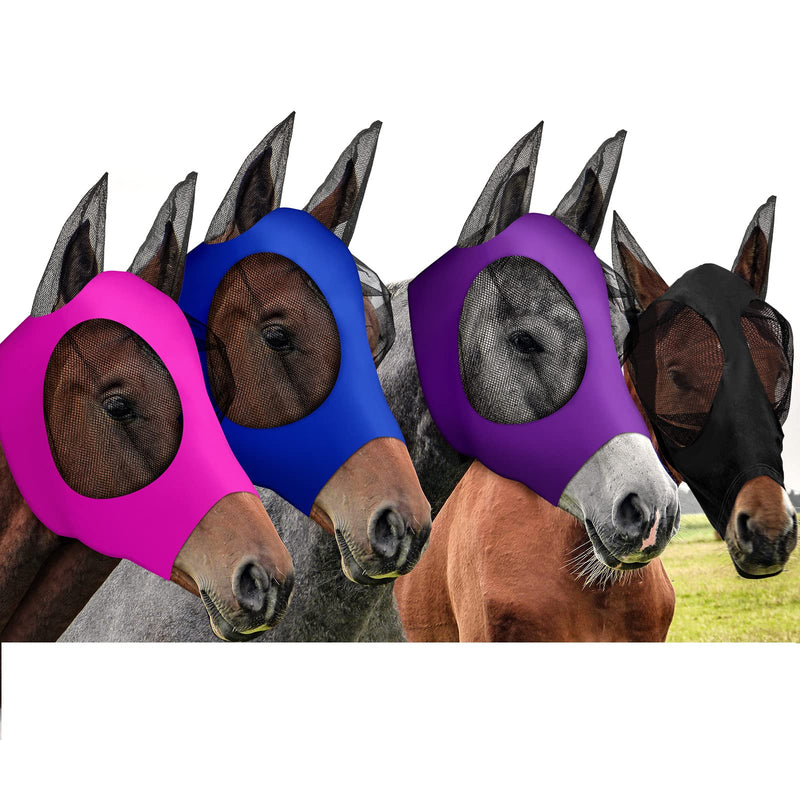 Frienda 4 Pcs Horse Fly Masks for Horses Fly Mask for Horses with Ears Protection Horse Mask Smooth Elastic Fly Mask with Sun Protection for Horses(Purple, Blue, Pink, Black, Medium) Purple, Blue, Pink, Black