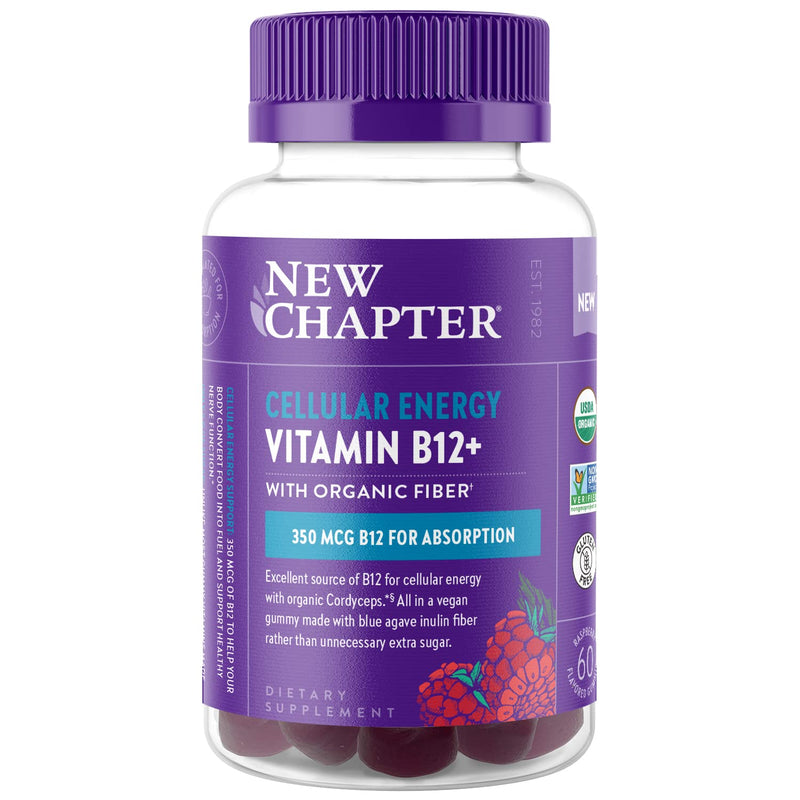 New Chapter USDA Organic Vitamin B12+ Gummies, 60 Count | 47% Less Sugar B12 Gummies for Cellular Energy Support, with Cordyceps, Non-GMO, Gluten Free, Raspberry Flavored
