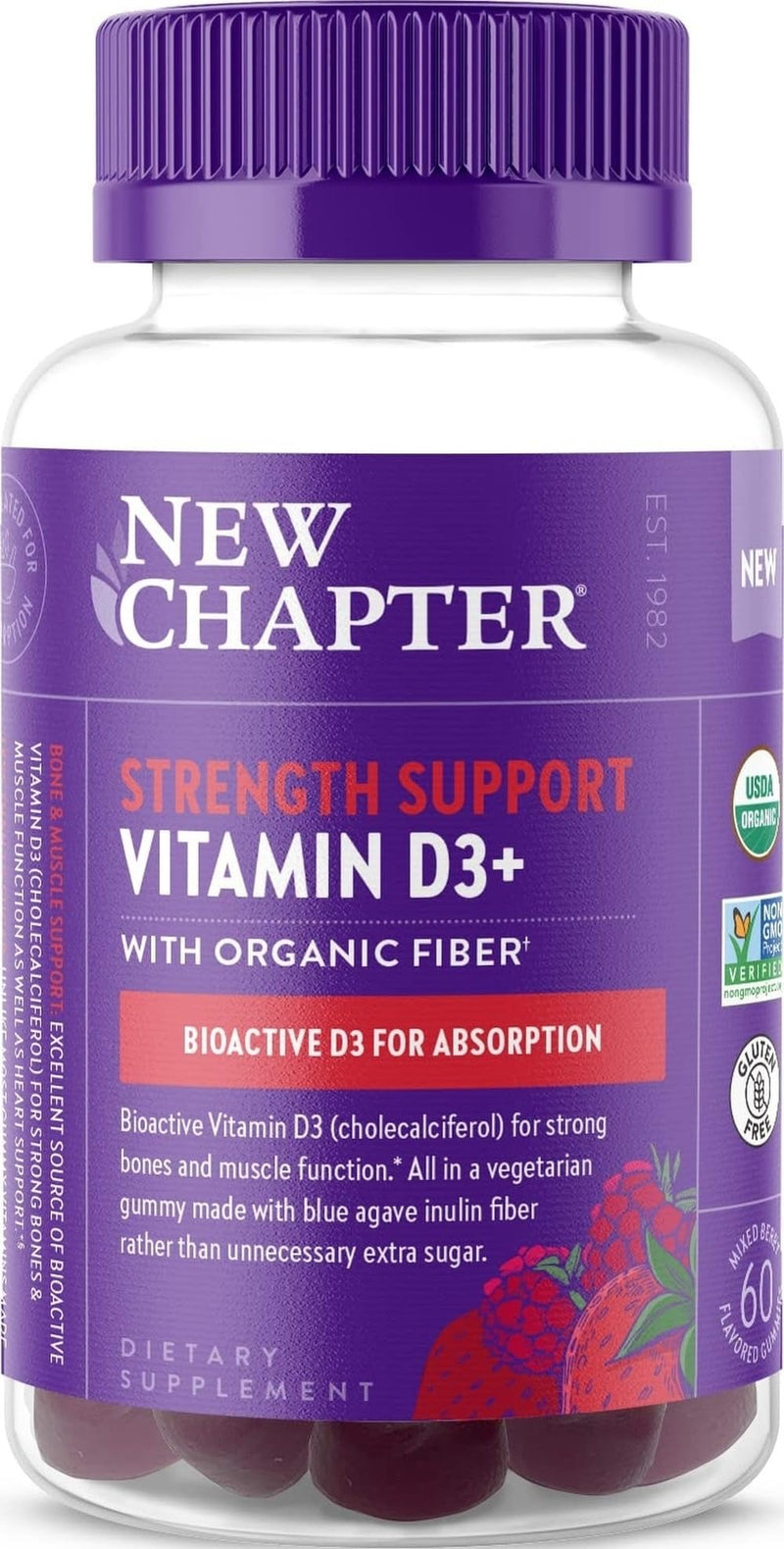 New Chapter USDA Organic Vitamin D3+ Gummies, 60 Count | 52% Less Sugar, 1,000 IU Vitamin D ONE Daily Gummy for Strong Bones and Muscle Function, Non-GMO, Gluten Free