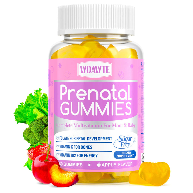 VIDAVITE Sugar Free Prenatal Gummies — Vegan Prenatal Vitamins for Women | US-Made, 30+ Nutrients (Choline, Folate, Iron, Vitamin) for Fetal and Neural Support, Energy Boost & Immunity (60 Gummies)