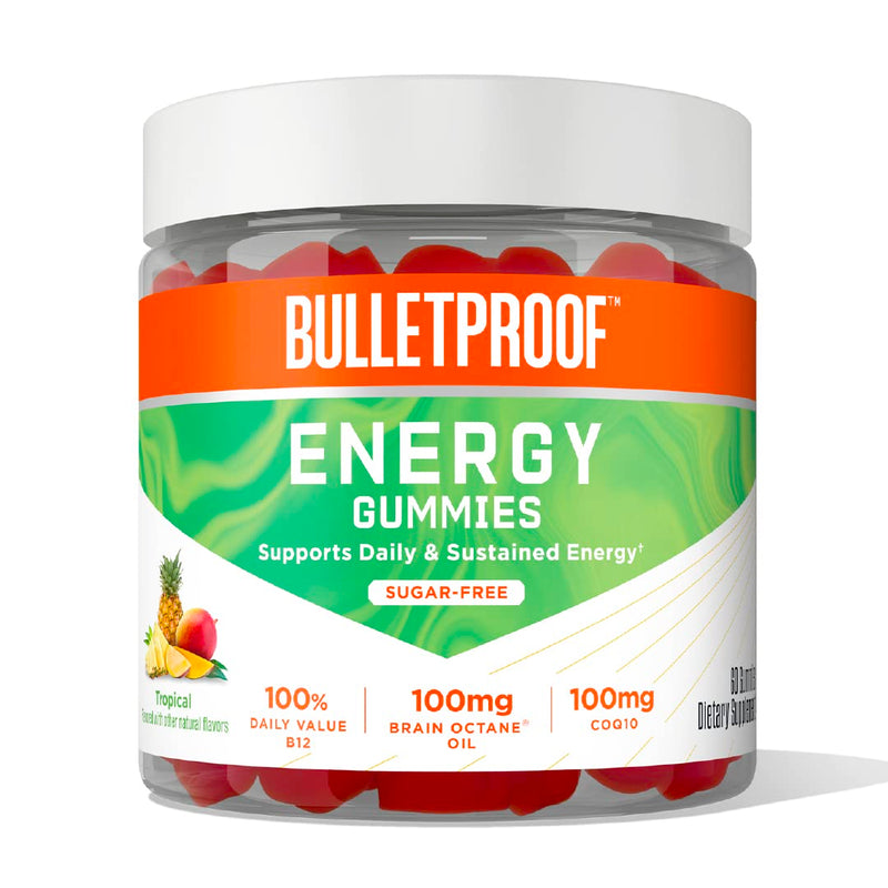 Bulletproof Sugar-Free Tropical Energy Gummies, 60 Count | Supplement for Daily & Sustained Energy with 100mg CoQ10, Daily Value of B12, 100mg Brain Octane Oil