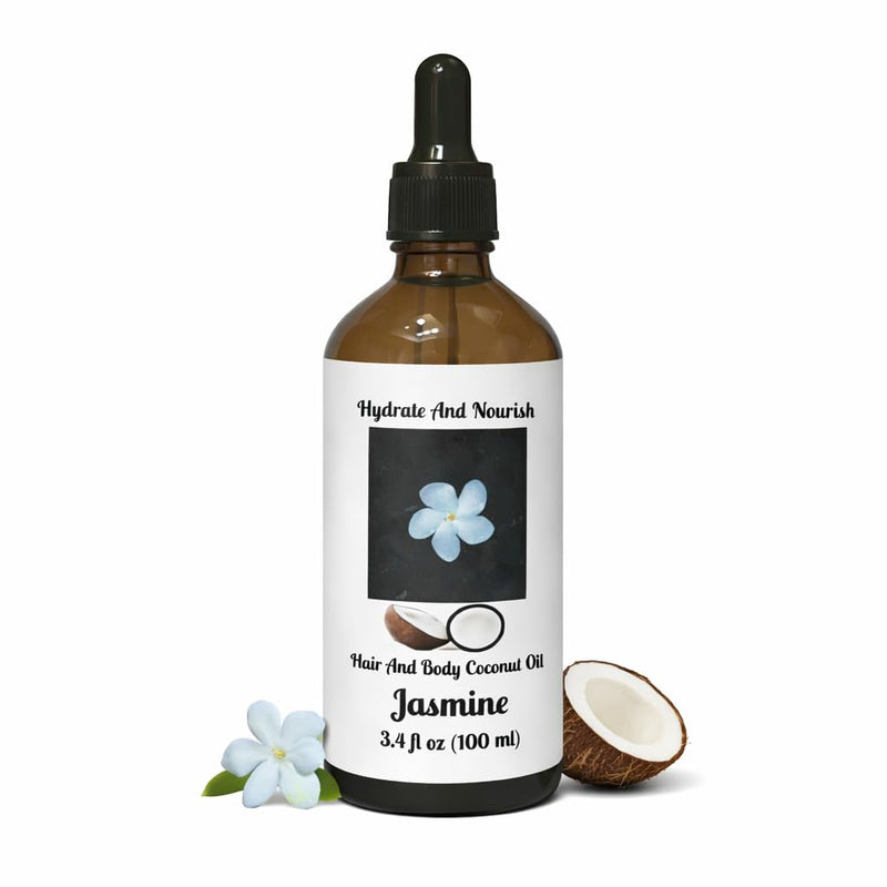 Jasmine Hair & Skin Coconut Oil - Hydrating Coconut & Sweet Almond Oil Blend with Rosemary & Vitamin E, Moisturizing Body Oil for Soft, Glowing Skin & Shiny Hair - 3.4 fl oz Jasmine 3.4 Fl Oz (Pack of 1)