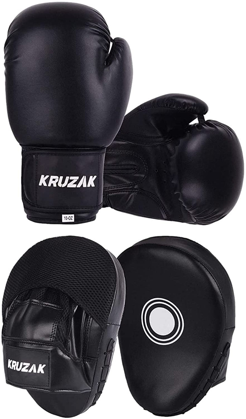 Kruzak Plain Kids Focus Mitts and Boxing Gloves Set for Kickboxing and Muay Thai MMA Training - Unisex Kit with Punching Pads for Martial Arts and Karate Black 4 oz - BeesActive Australia