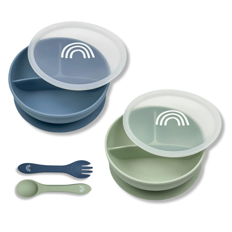 Hippypotamus Suction Bowls with Lids & Utensils - Baby & Toddler - 100% Food-Grade Silicone Divided Bowls - BPA Free - Dishwasher Safe - Set of 2 (Sage/Fog) Sage / Fog - BeesActive Australia