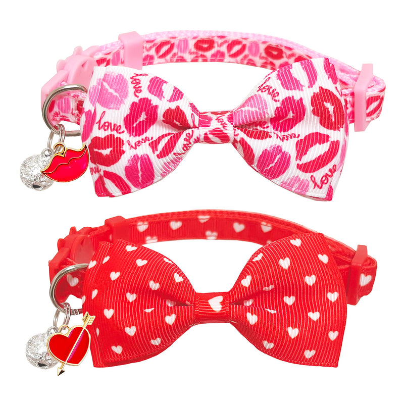 Valentine Bow Tie Cat Collar Set with Bell, Holiday Red Heart and Pink Kiss Cat Collar for Boys and Girls Kitty Kittens Pattern 2 - BeesActive Australia