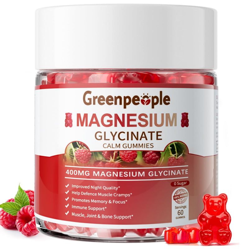 GREENPEOPLE Magnesium Glycinate Gummies 400mg - Raspberry, 60ct | Chelated Sugar Free,High Absorption Supplement with Magnesium Citrate,Vitamin D & B6 Calm,Sleep & Stress Support for Adults 60 Count (Pack of 1)