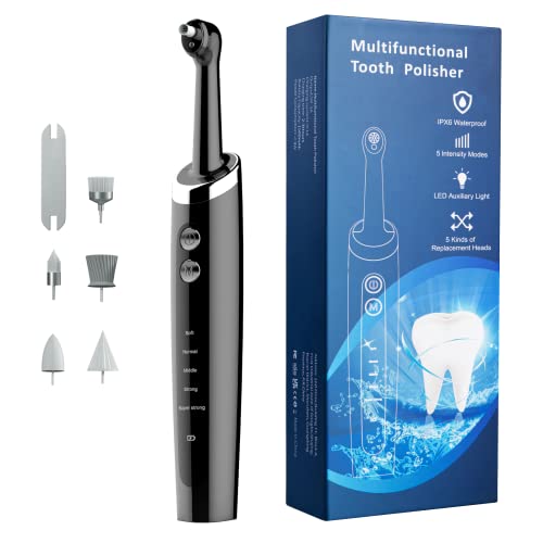 Tooth Polisher Rechargeable,Tooth Buffer Polisher with 5 Replacement Heads & Cleaning Modes, USB Rechargeable, Ipx6 Waterproof, Teeth Black Stain Remover for Adults & Kids Black