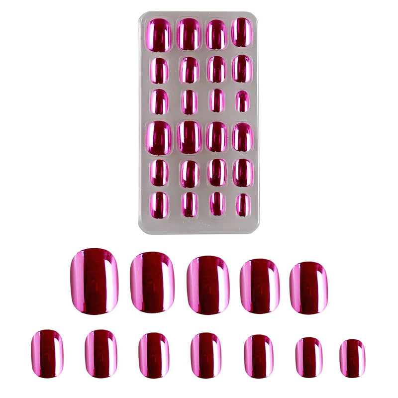 24 Pieces Mirror Chrome Kids Press on Nails Pre-glue Children Mirror Effect False Nails Short Oval Full Cover Artificial Fake Nails Metallic Rose Red Acrylic Nail Tips for Little Girls Gift (Rose Red) - BeesActive Australia