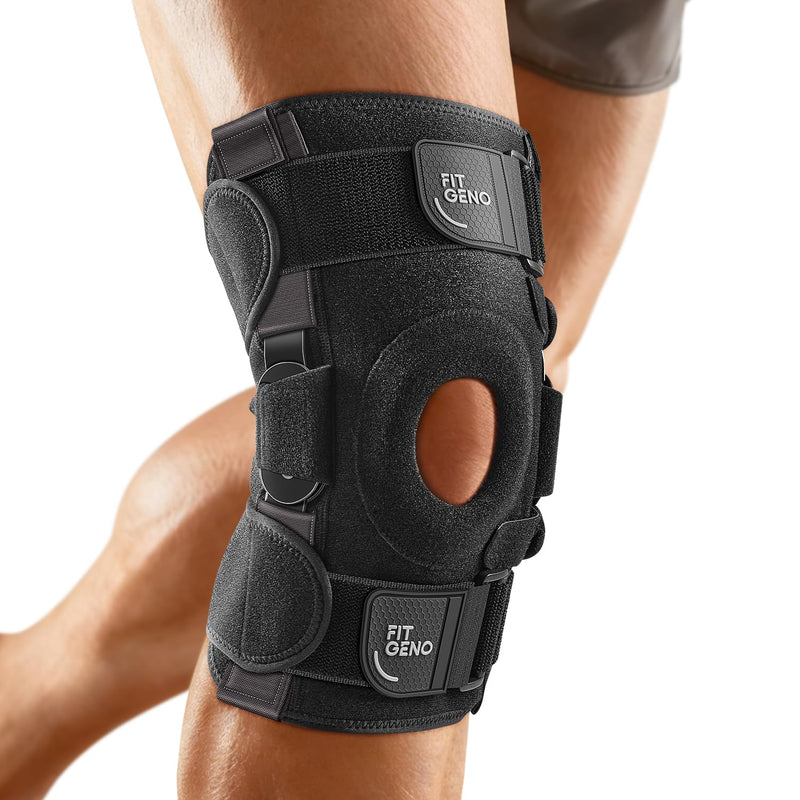Fit Geno Hinged Knee Brace for Meniscus Tear: Adjustable Knee Support for Knee Pain w/Side Stabilizers & Hinges for Injury or Surgery Recovery - Men and Women Black Regular fits S/M/L/XL