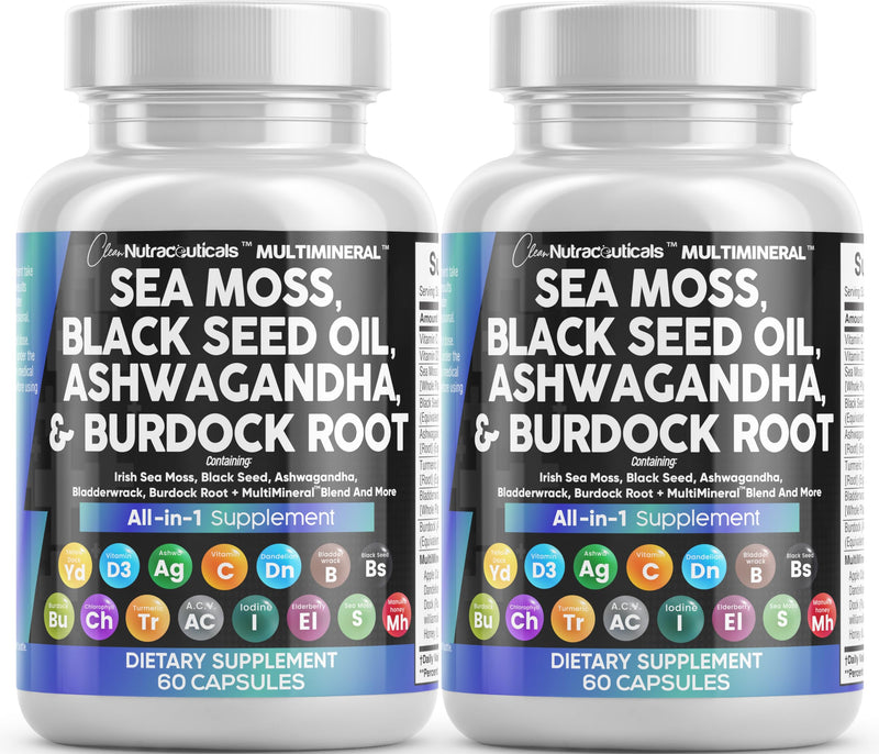 Sea Moss 3000mg Black Seed Oil 2000mg Ashwagandha 1000mg Turmeric 1000mg Bladderwrack 1000mg Burdock & Vitamin C Vitamin D3 with Elderberry Manuka Dandelion Yellow Dock Iodine Chlorophyll ACV - 2Pack - BeesActive Australia