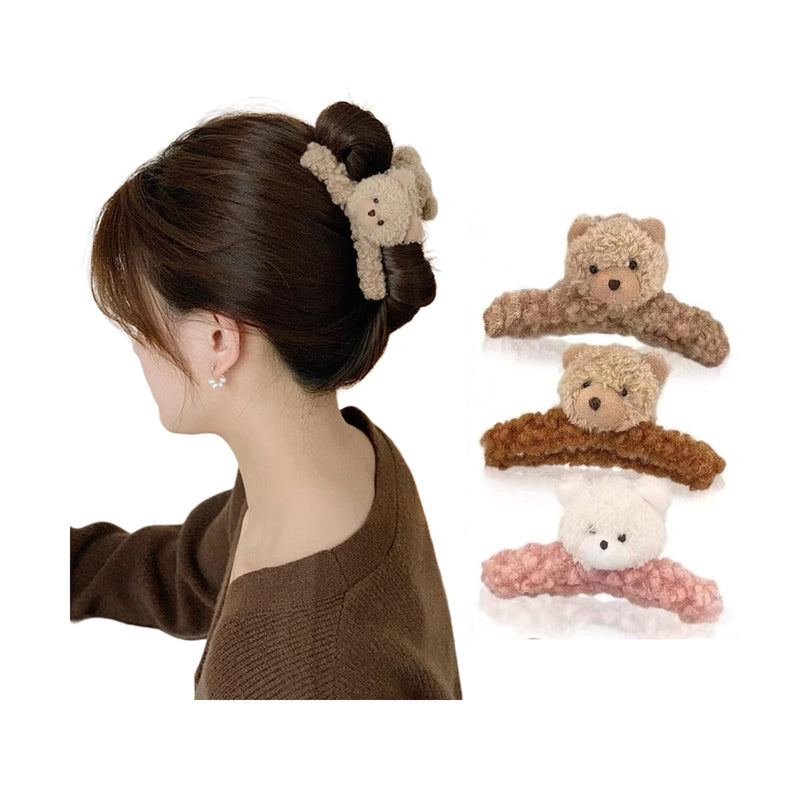 3 Pcs 4.72 Inch Large Hair Claw Clips Cute Fluffy Plush Bear Hair Catch Barrette Jaw Clamp for Women Girls Strong Hold Half Bun Hairpins for Thick Thin Hair Stylish Curly Hair Accessories - BeesActive Australia