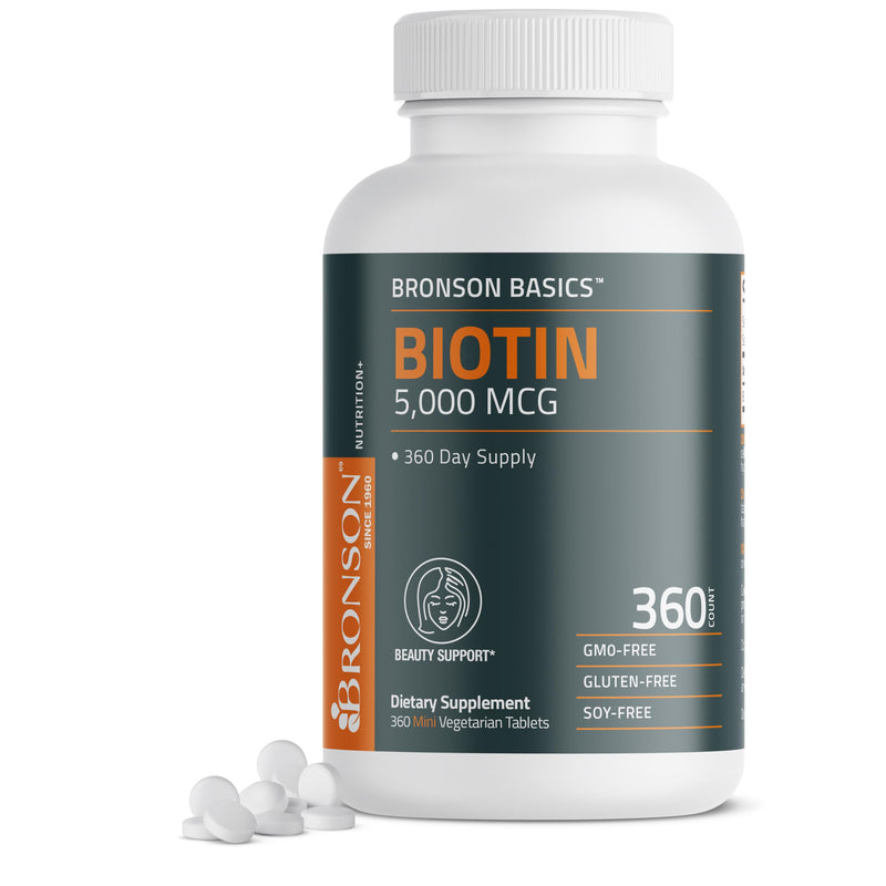 Bronson Biotin 5,000mcg Hair Skin and Nails Vitamins, 360 Tablets | Vegetarian Beauty Support, Non-GMO, Gluten-Free, Soy-Free, Supports Healthy Hair, Skin and Nails