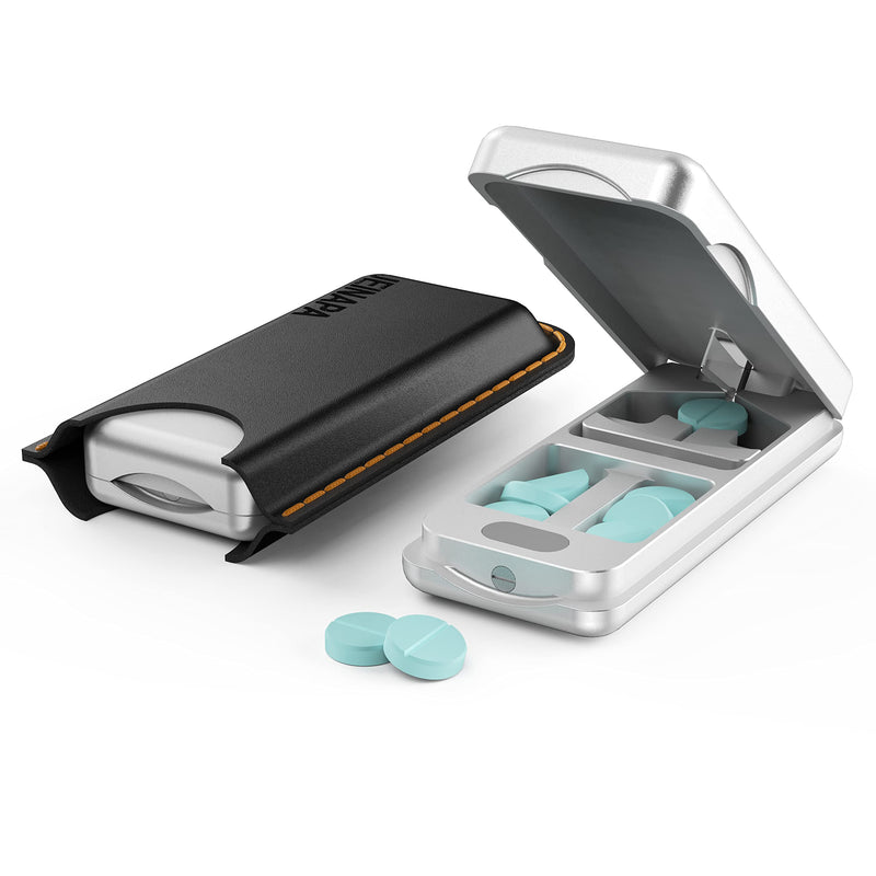 JEINAPA Pill Cutter with Auto Centering Device, Aluminum Pill Splitter with 316L Stainless Blade, Genuine Leather Case, Professional Pill Splitter for Cutting Small Pills or Large Pills (Silver) Silver - BeesActive Australia