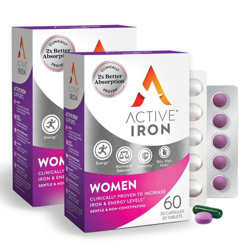 Active Iron Supplement  25mg + Multivitamin for Women, Gentle on Stomach | Clinically Proven Iron Pills & Multivitamin, Increase Iron & Fight Tiredness, Non-Constipating, 60 Capsules + 60 Tablets 60 Count (Pack of 2) Woman