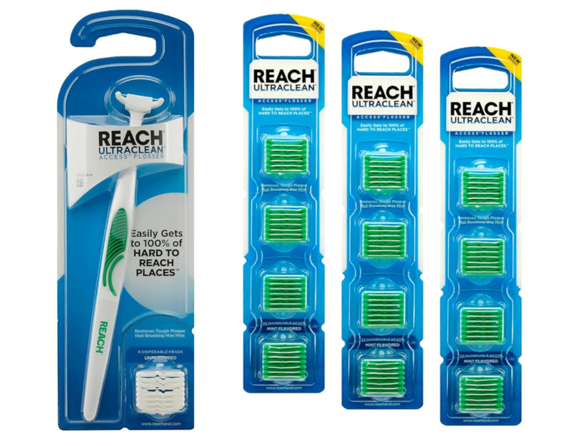 REACH Ultraclean Access Flosser Starter Bundle | Proper & Durable Oral Care & Hygiene | Effective Plaque Removal, Teeth & Gum Protection, PFAS-Free | Starter Kit + 3pk Mint Refills (28ct.) 1 Foot (Pack of 1) Starter Kit + Mint Refill 3 Pack - BeesActive Australia
