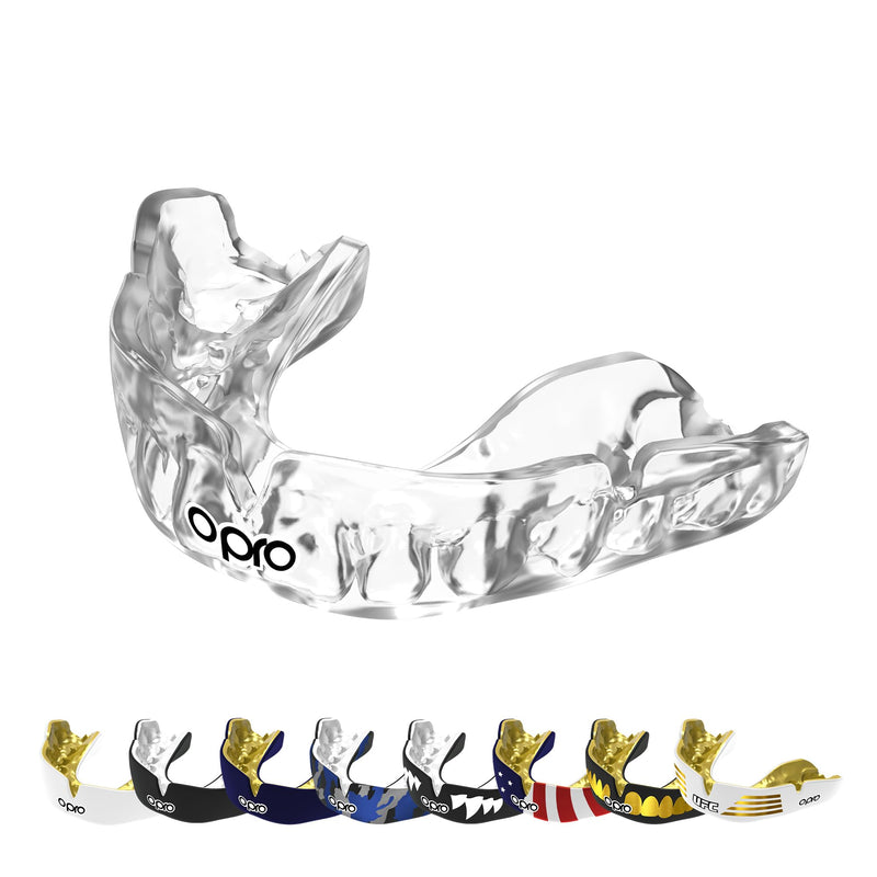 OPRO Instant Custom-Fit Mouth Guard, Dentist-Level Comfort, Protection & Fit - Moldable Mouthguard for Football, Boxing, Rugby, MMA, BJJ, UFC Mouth Piece- Includes Mouth Guard Case (Clear, Adult) Clear/White Adult (10+) - BeesActive Australia