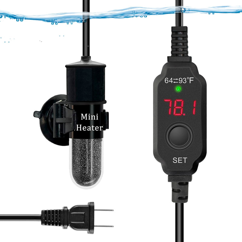 Mini Submersible Aquarium Heater, 10/20/25/50/100/150 Watts Adjustable Fish Tank Heater, Built-in Thermometer, External Temperature Controller, Smart Memory, Used for 1-60 Gallons (10W Plug) 10W PLUG - BeesActive Australia