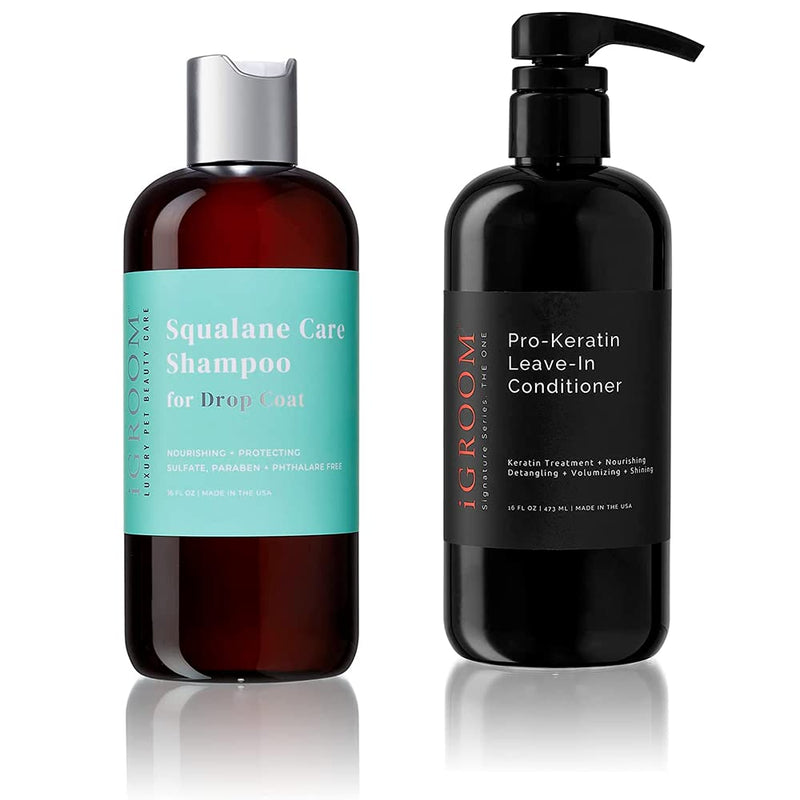 iGroom Dog Shampoo + Dog Conditioner Groomers Bundle - Squalane Care Dog Shampoo for Dropcoats, Strong and Healthy Hair, 16 oz - Pro-Keratin Leave-in Dog Conditioner, Excellent Detangling, 16 oz - PawsPlanet Australia