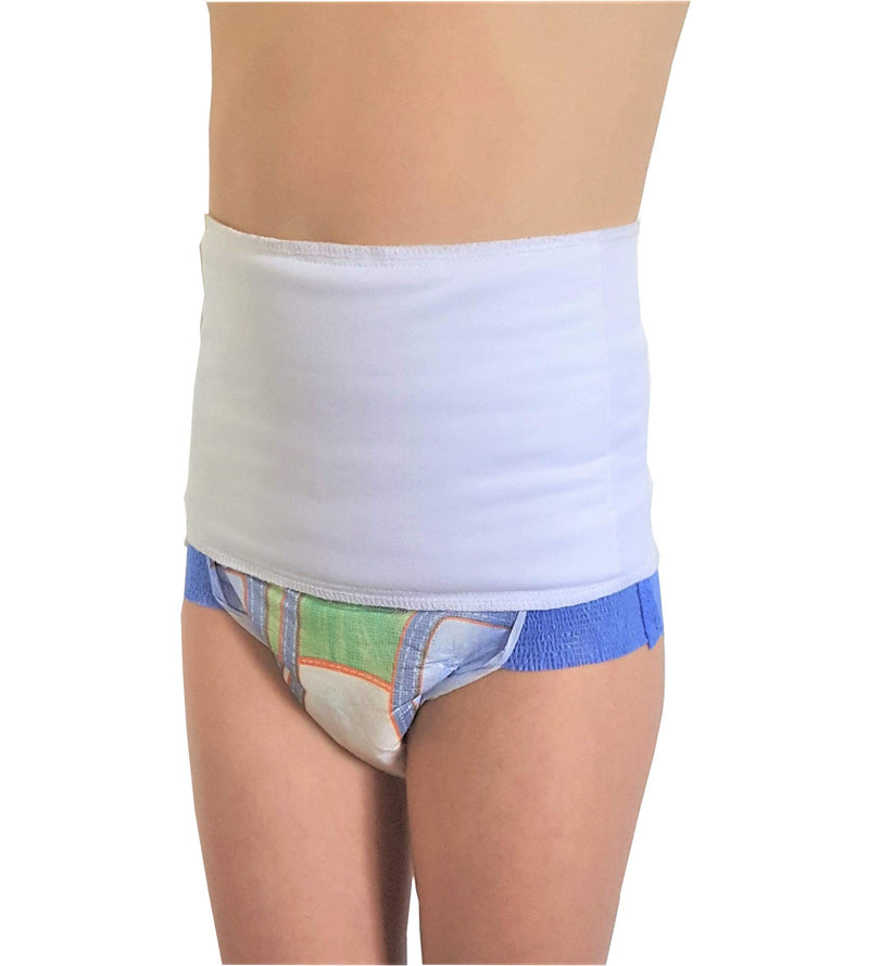 Pediatric Ostomy Wrap Mild Compression Band - White, waist size 21-24 inches | Compression Waist Wrap Bandage Support Belt to Prevent Ostomy Leaks and Secure G Tube and Feeding Tube (OWWT, Size 2)