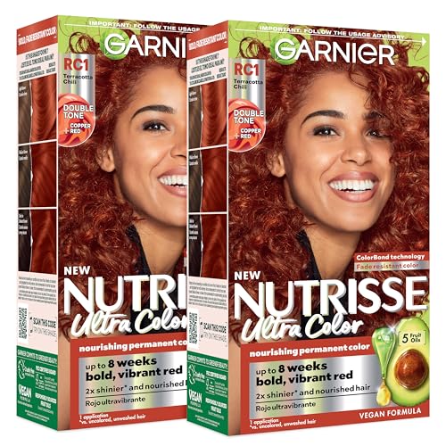 Garnier Nutrisse Ultra Color Hair Color, Permanent Hair Dye for Up to 8 Weeks of Bold, Vibrant, Fade-Resistant Results, Vegan & Cruelty-Free, RC1 Medium Intense Copper Red (Terracotta Chili), 2 Count RC1 Copper Red (Terracotta Chili) 1 Count (Pack of 2)