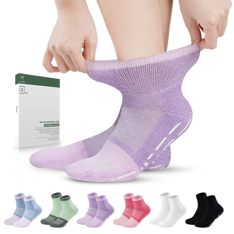 Bulinlulu Bamboo Viscose Diabetic Socks with Grippers for Men Women -6 Pairs Non Binding Ankle Slipper Socks Size 6-9 9-12 Purple/Green/Orange Red/Pale Purple/Black/White Medium