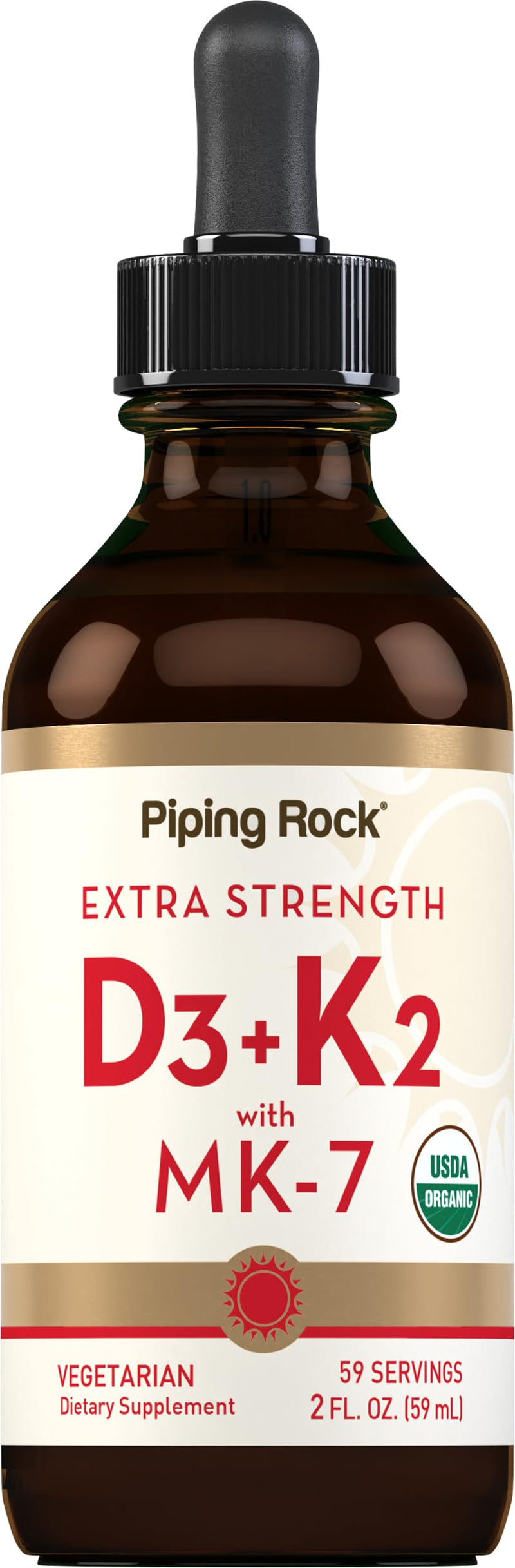 Piping Rock Vitamin D3 K2 Liquid Drops | 2 Fl Oz | with MK-7 | Extra Strength Supplement | Vegetarian, Gluten Free, Non-GMO