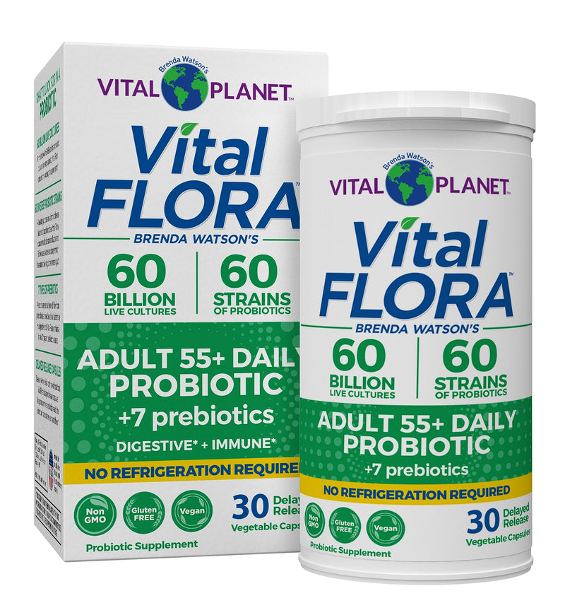 Vital Planet - Vital Flora Adults Over 55 Daily Probiotic 60 Billion CFU, Diverse Strains, Organic Prebiotics, Immune and Digestive Health Shelf Stable Probiotics for Women and Men, 30 Capsules