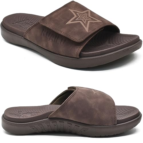 KuaiLu Mens Athletic Slides Wide Adjustable Arch Support Sport Sandals 11.5 Dark Brown