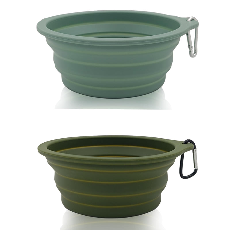 2 Pack Collapsible Dog Travel Bowls (21oz/600ml), 100% Food Grade Silicone Integrated Molding, No Plastic Rim, Portable Pet Feeding Watering Dishes for Outdoors with Clasp, BPA Free Avocado Green+Light Green - BeesActive Australia