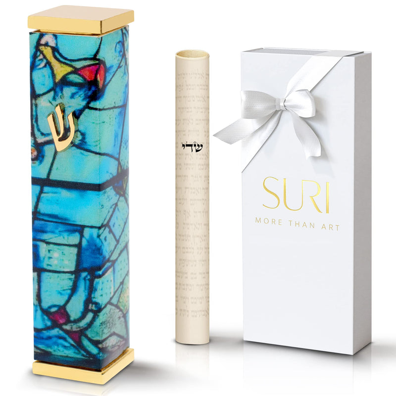 SURI Mezuzah Case - 4 Inch Modern Mezuzah for Door with Turquoise Marc Chagall Design, Made of 24K Gold-Plated Aluminum. Gift Box & a Non-Kosher Scroll are Included Turquoise & Gold - BeesActive Australia